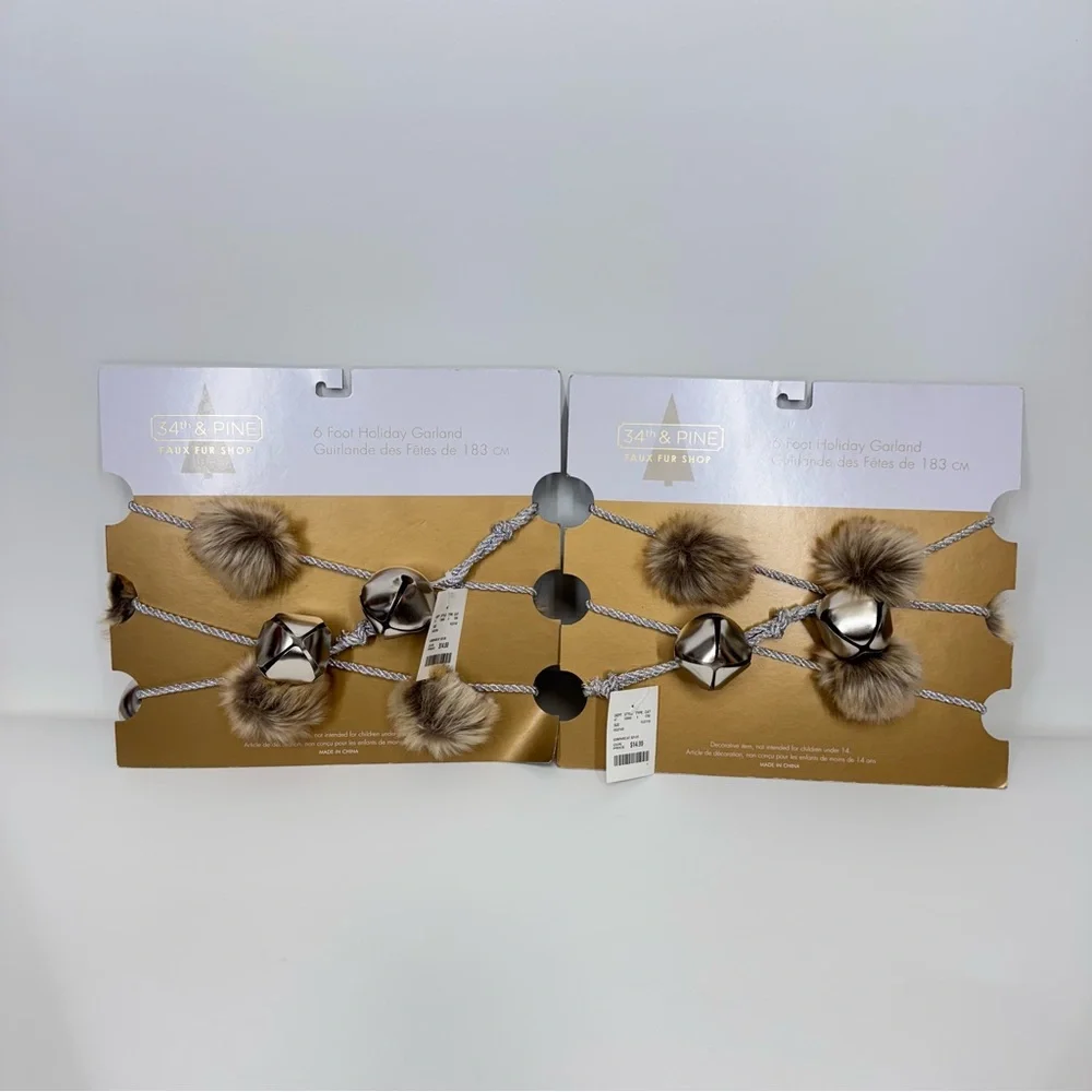 34th & Pine 2pc 6Ft Garland With Brown Faux Fur Baubles & Round Silver Bells Nwt